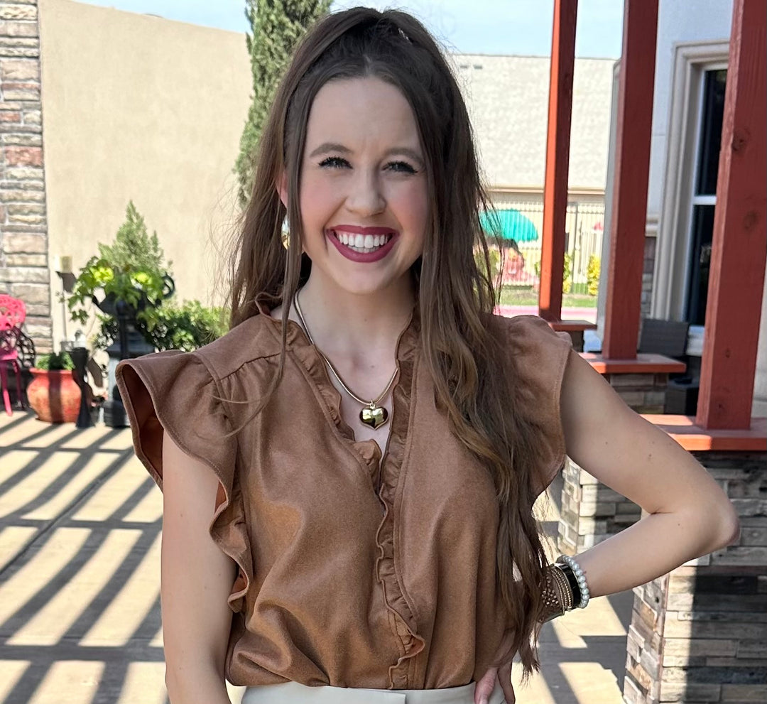 Camel Suede Ruffled Fall Top