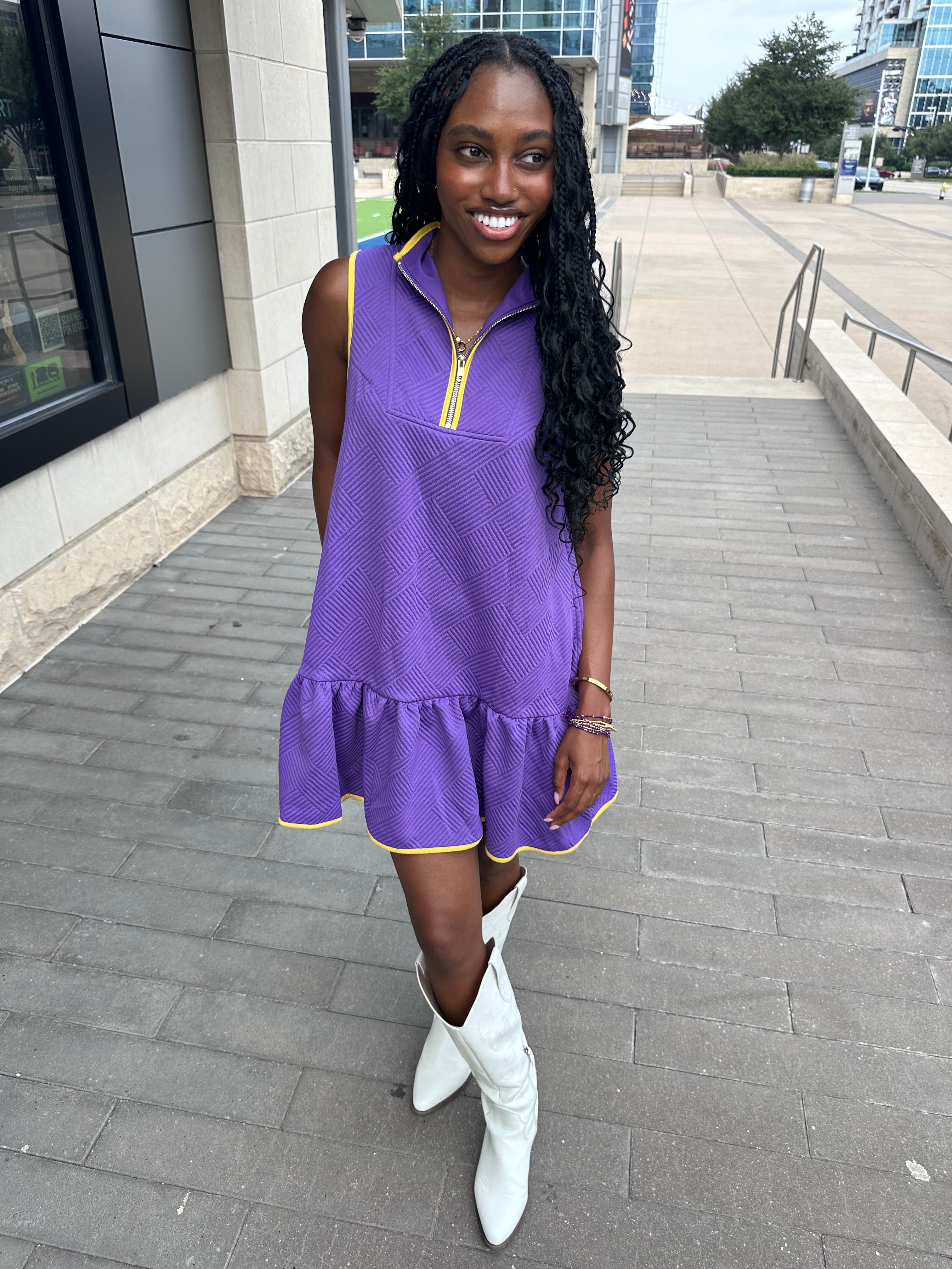 purple game day dresses Yellow Lamb Girls Game Day Tiered Dress - Gold Footballs