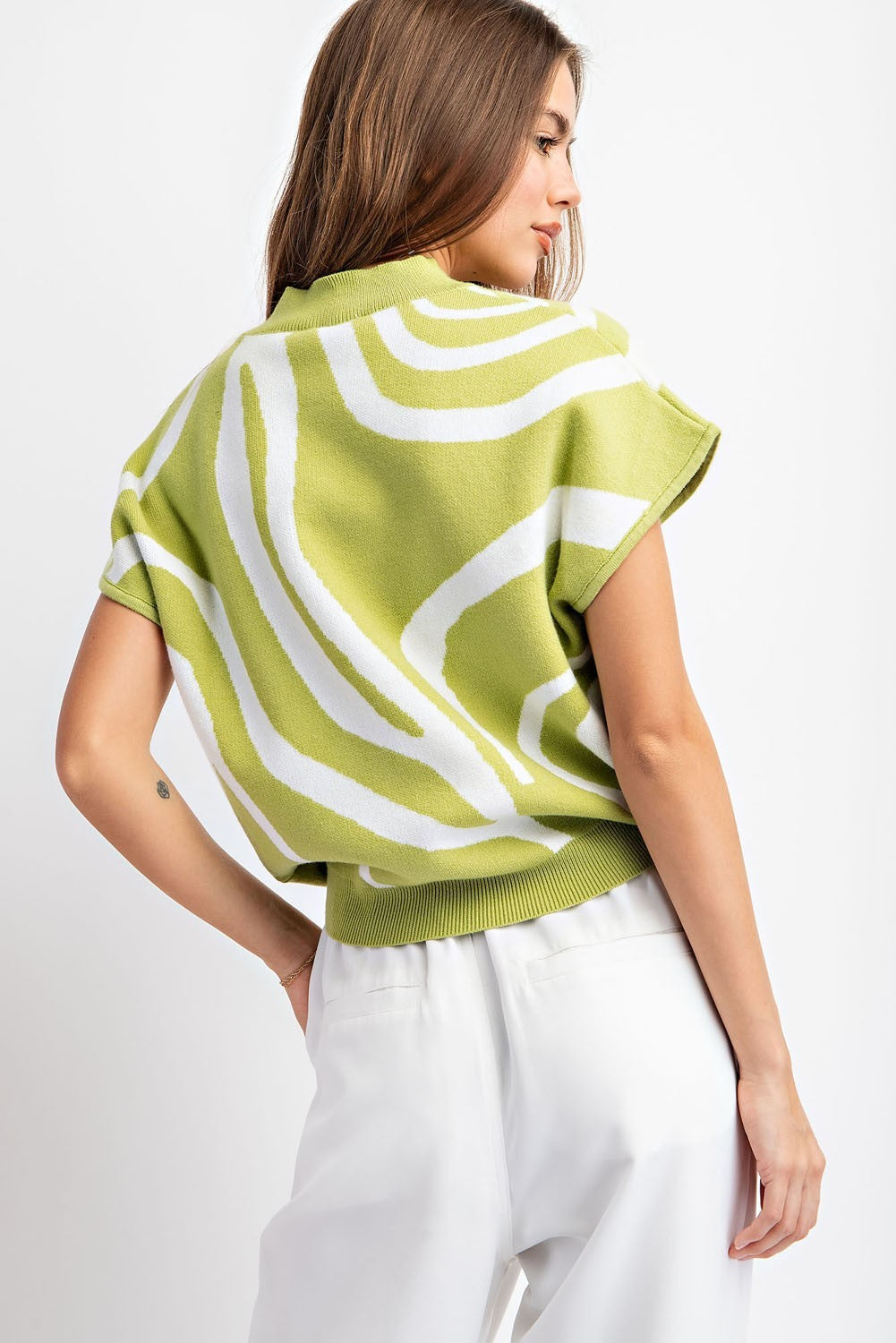 Simplistic Avocado Green Swirl Mock Neck Sleeveless Sweater Top