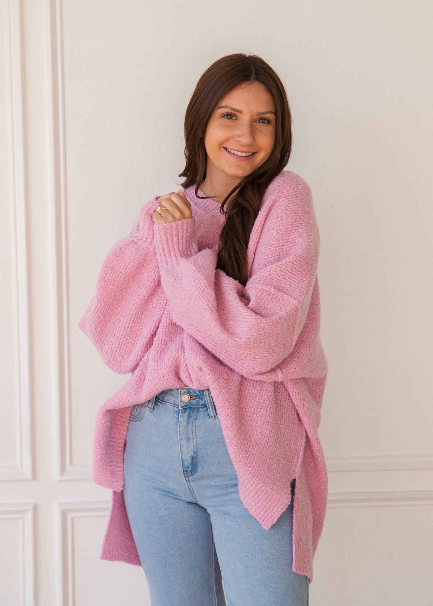 Pink Bubblegum V Neckline Balloon Sleeve Sweater