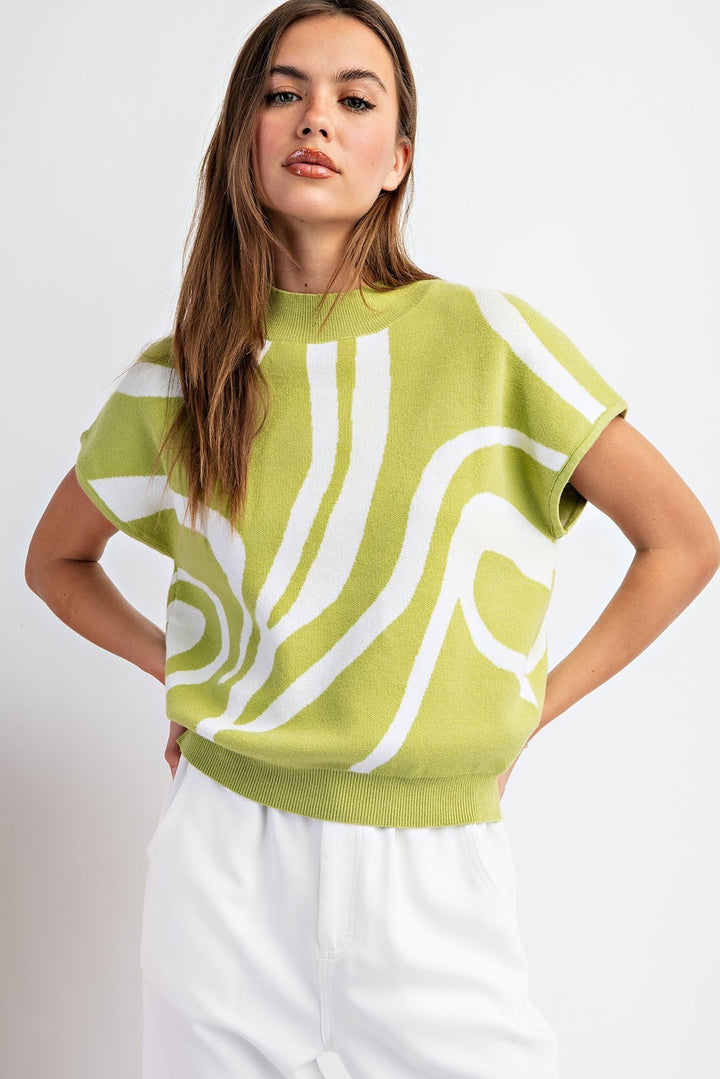 Simplistic Avocado Green Swirl Mock Neck Sleeveless Sweater Top