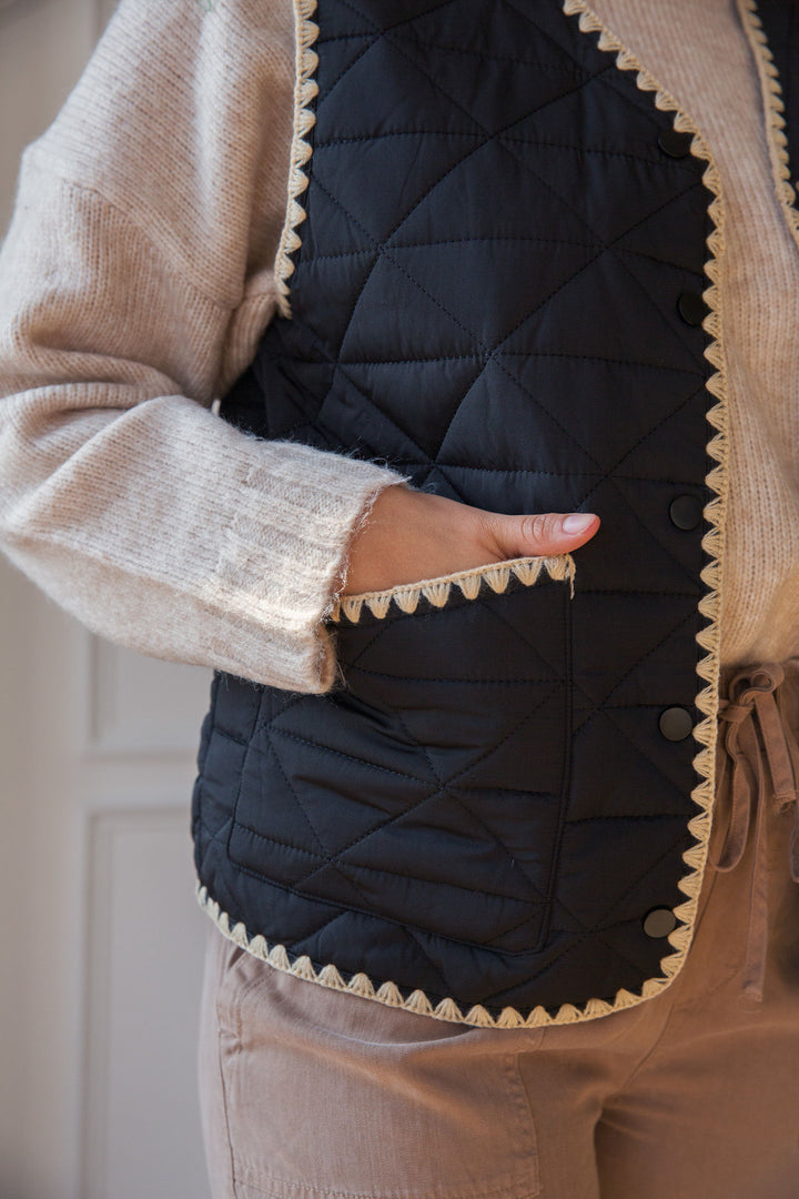 Black Quilted Ric Rac Fall Vest