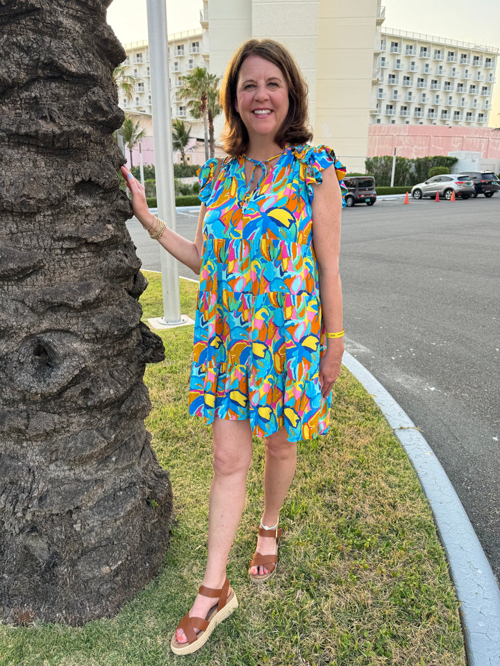 Tropical Waves Ruffled Sleeve Dress