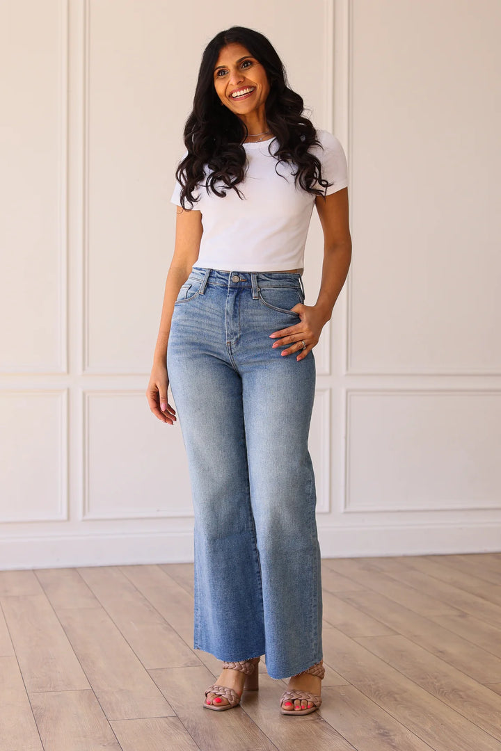 Denim Dreamscape: Mid-Wash Wide Leg with Fray Hem