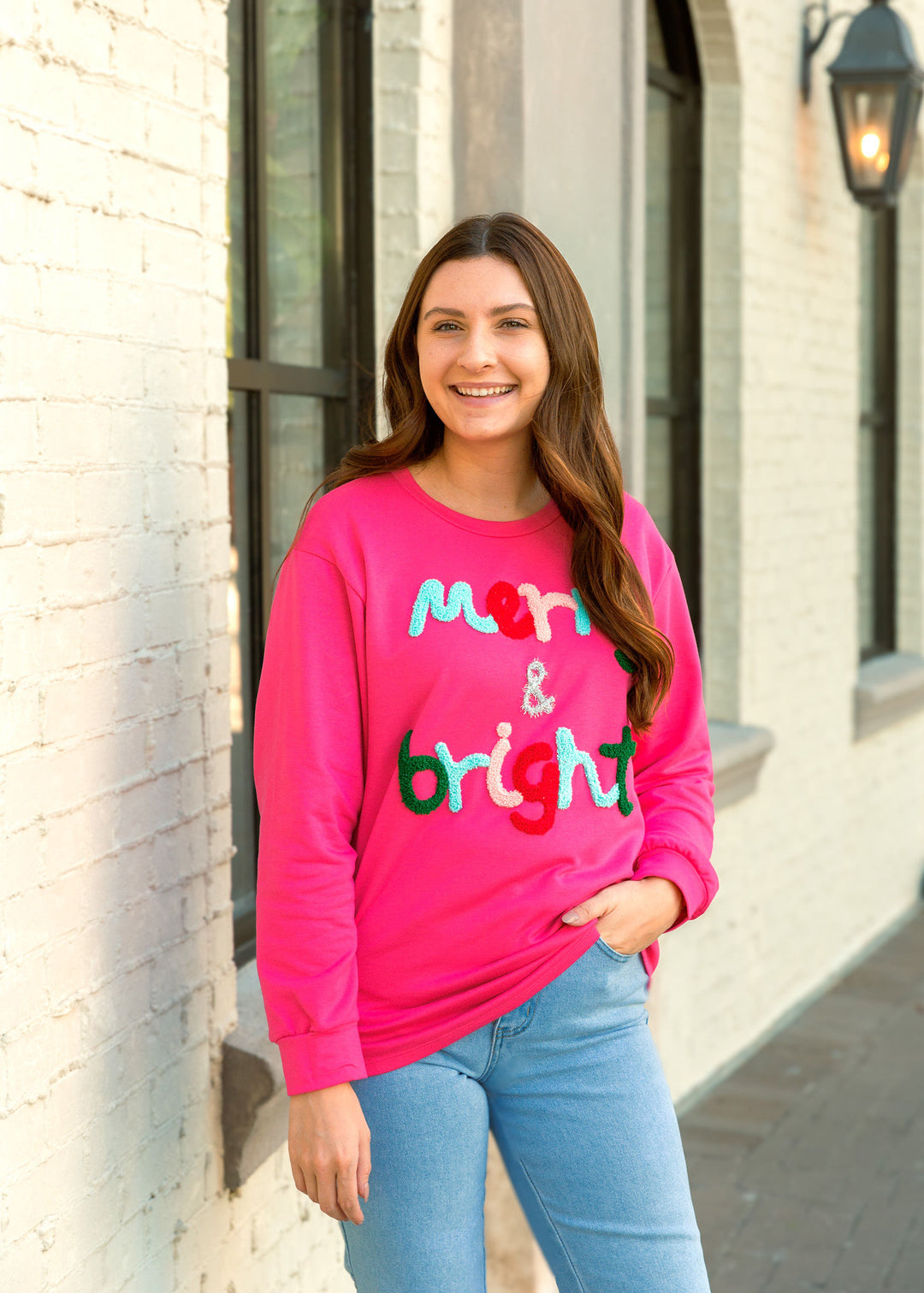 Merry and Bright Hot Pink Christmas Sweatshirt