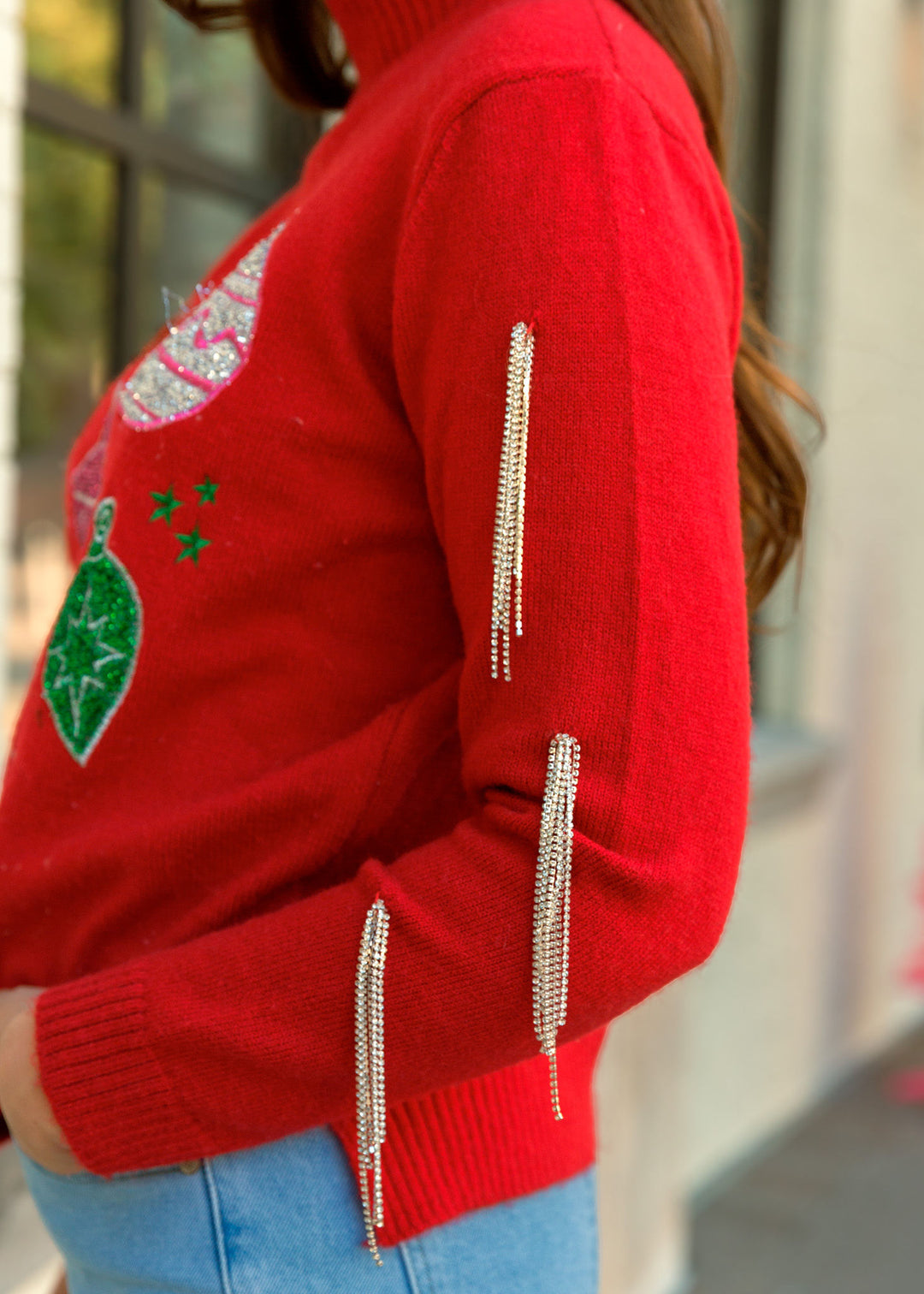 Red Ornament Sweater with Fringe