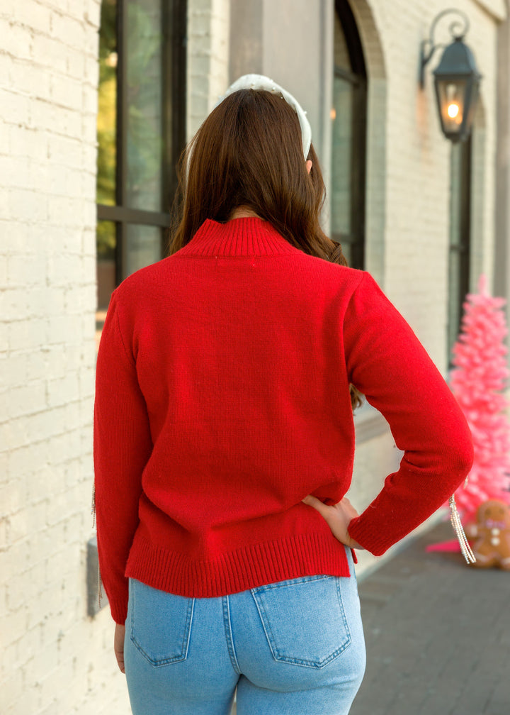 Red Ornament Sweater with Fringe