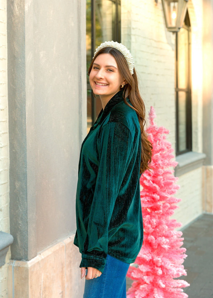 Holiday Green Shimmer Button Down Long Sleeve Top