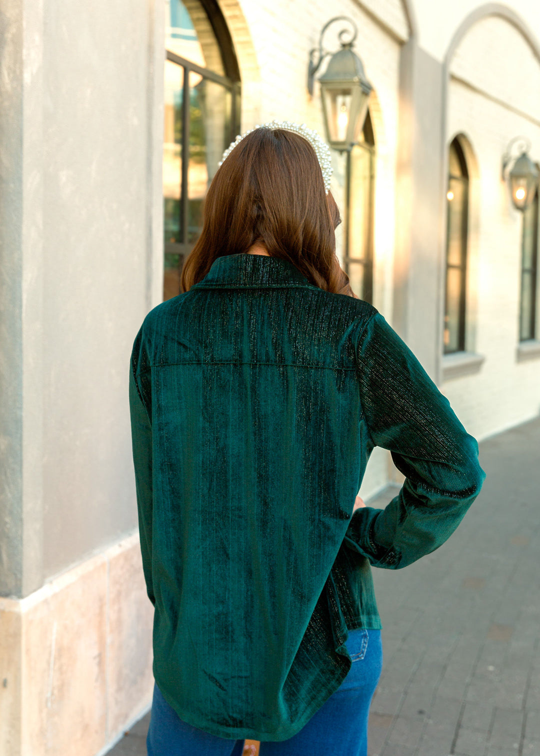 Holiday Green Shimmer Button Down Long Sleeve Top