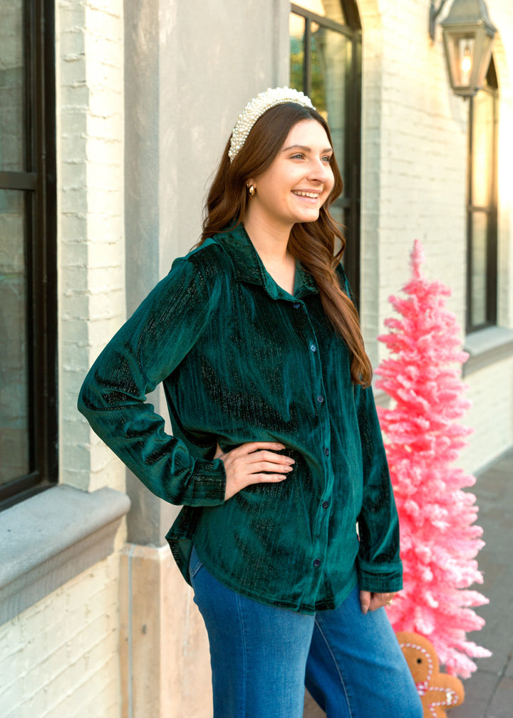 Holiday Green Shimmer Button Down Long Sleeve Top