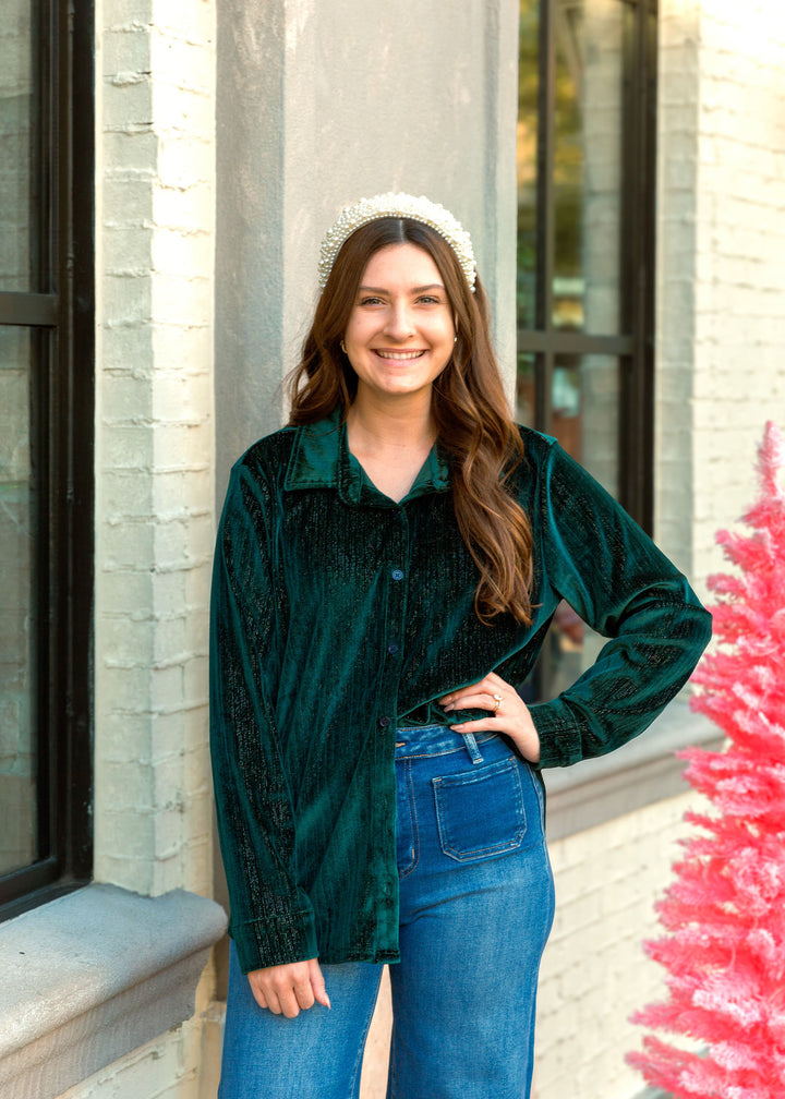 Holiday Green Shimmer Button Down Long Sleeve Top