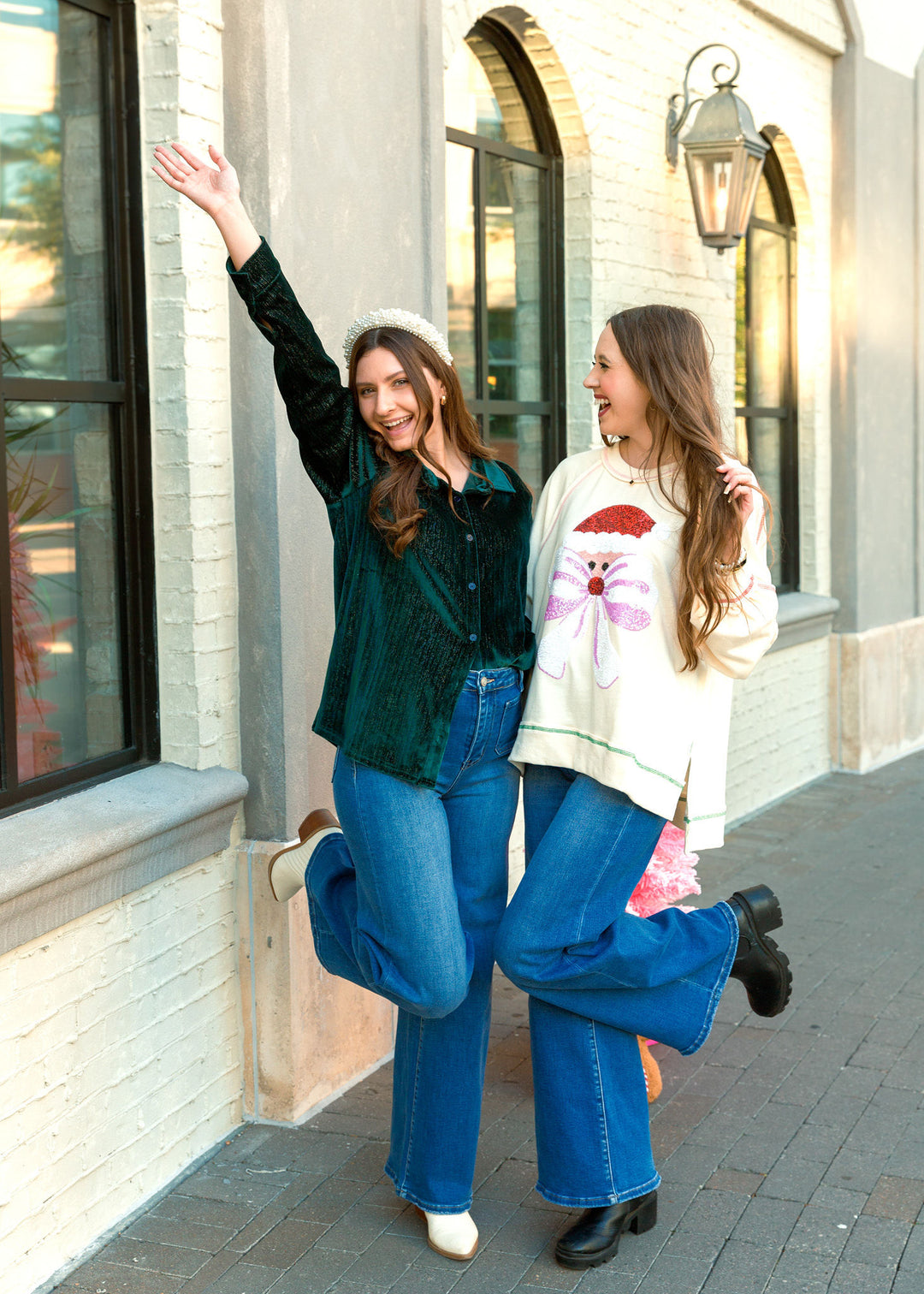 Holiday Green Shimmer Button Down Long Sleeve Top