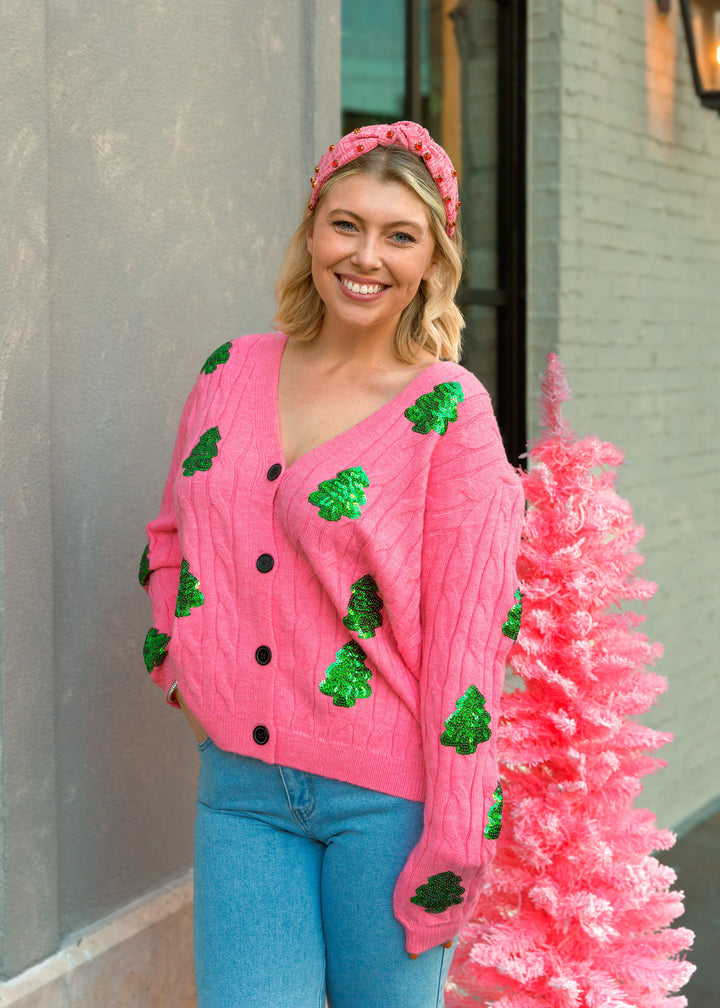 Pink Sequins Christmas Tree Cardigan