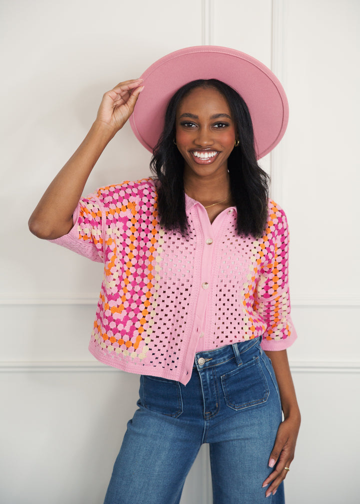 Pastel Colorful Crochet Button-Up Top