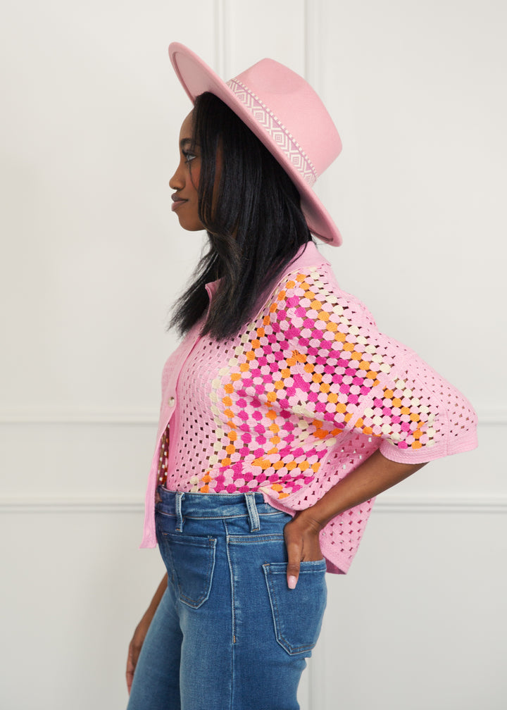 Pastel Colorful Crochet Button-Up Top