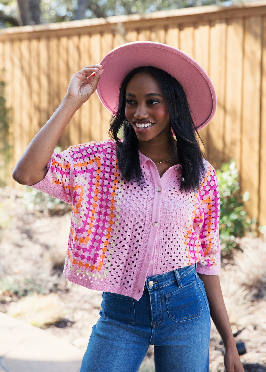 Pastel Colorful Crochet Button-Up Top