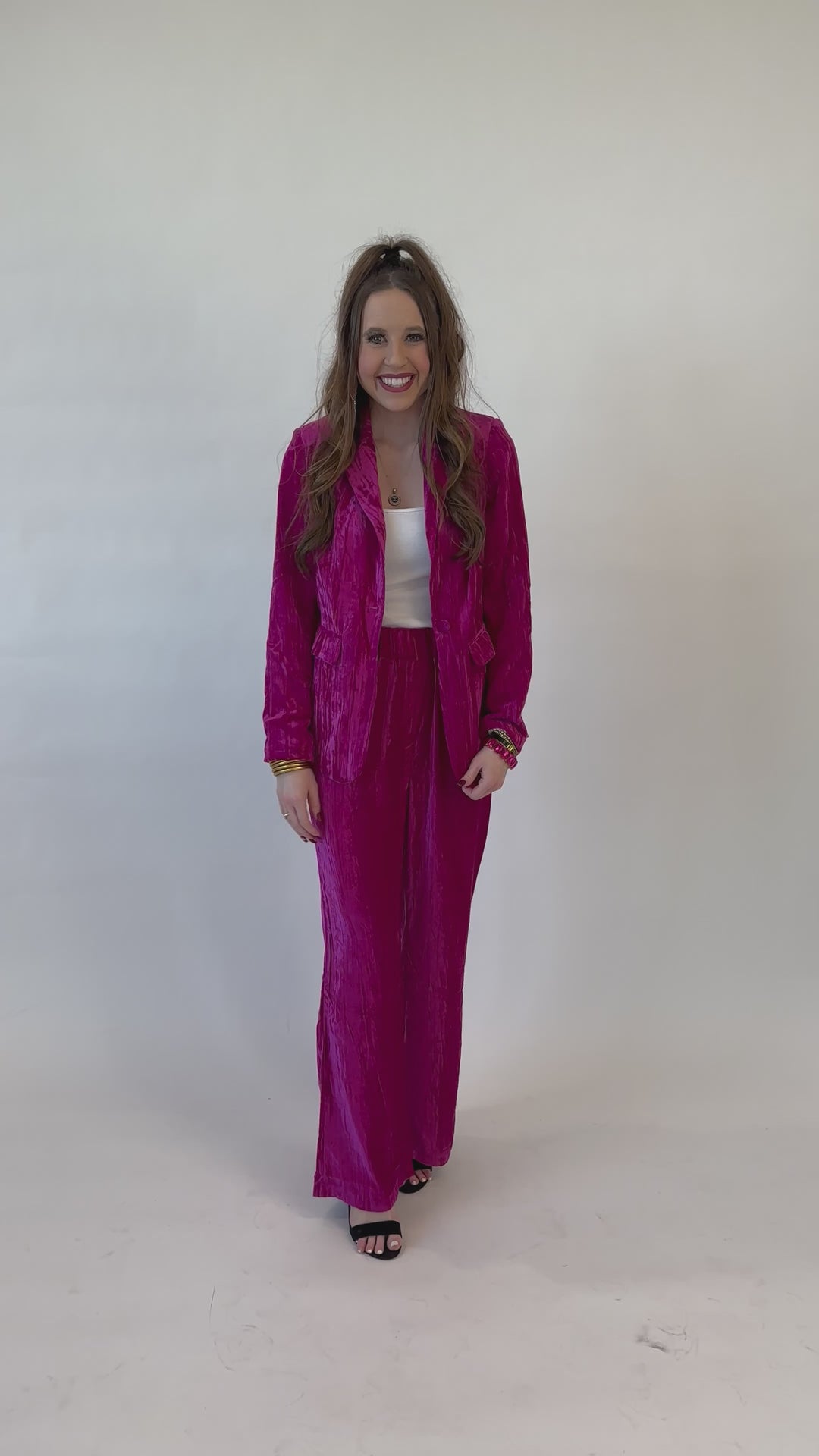 Festive Berry Blush Velvet Elegance Wide Leg Pants